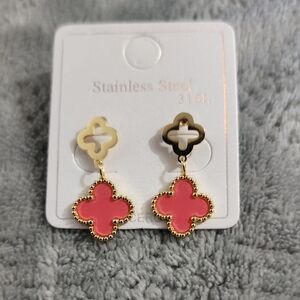Gold Clover Drop Earrings with Pink Enamel